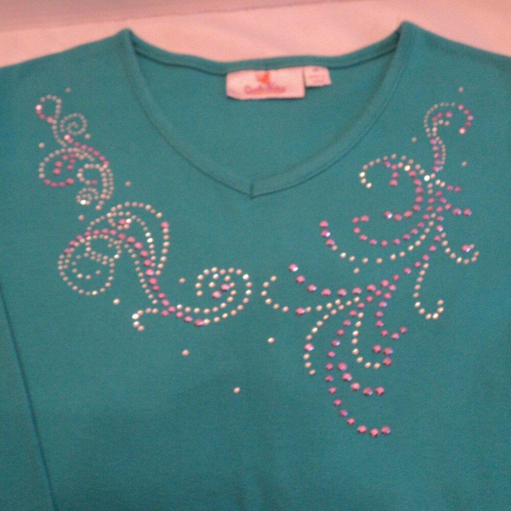 Quacker Factory Teal - Green/Blue Top - Medium - 3/4 Sleeve